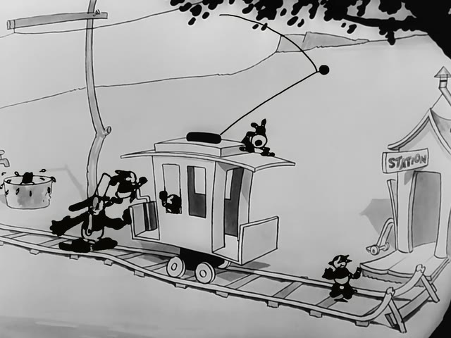 Oswald the Lucky Rabbit with his trolley at a station