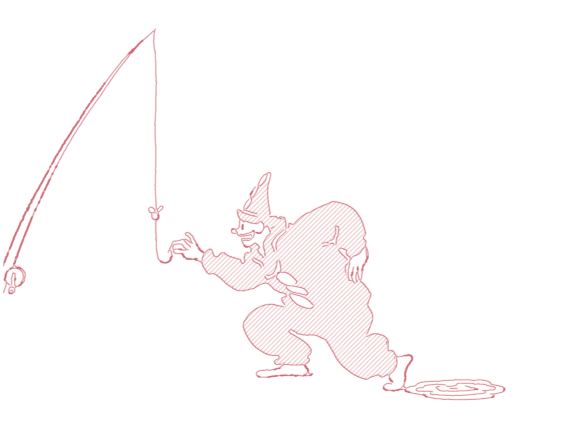 Koko the Clown fishing, as a red pencil sketch that is being inked in black